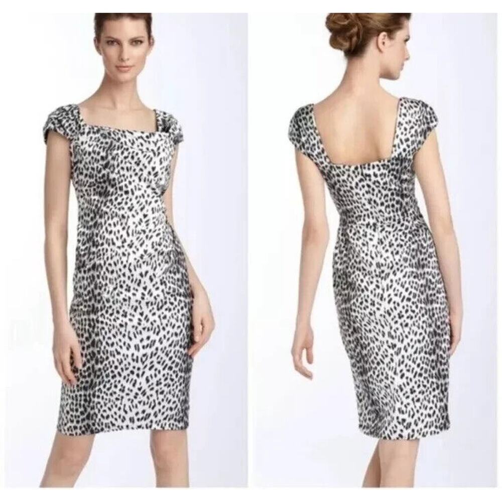 NWOT Tadashi Shoji Sheath Dress Gray Black Animal Cheetah Leo Print Cap …